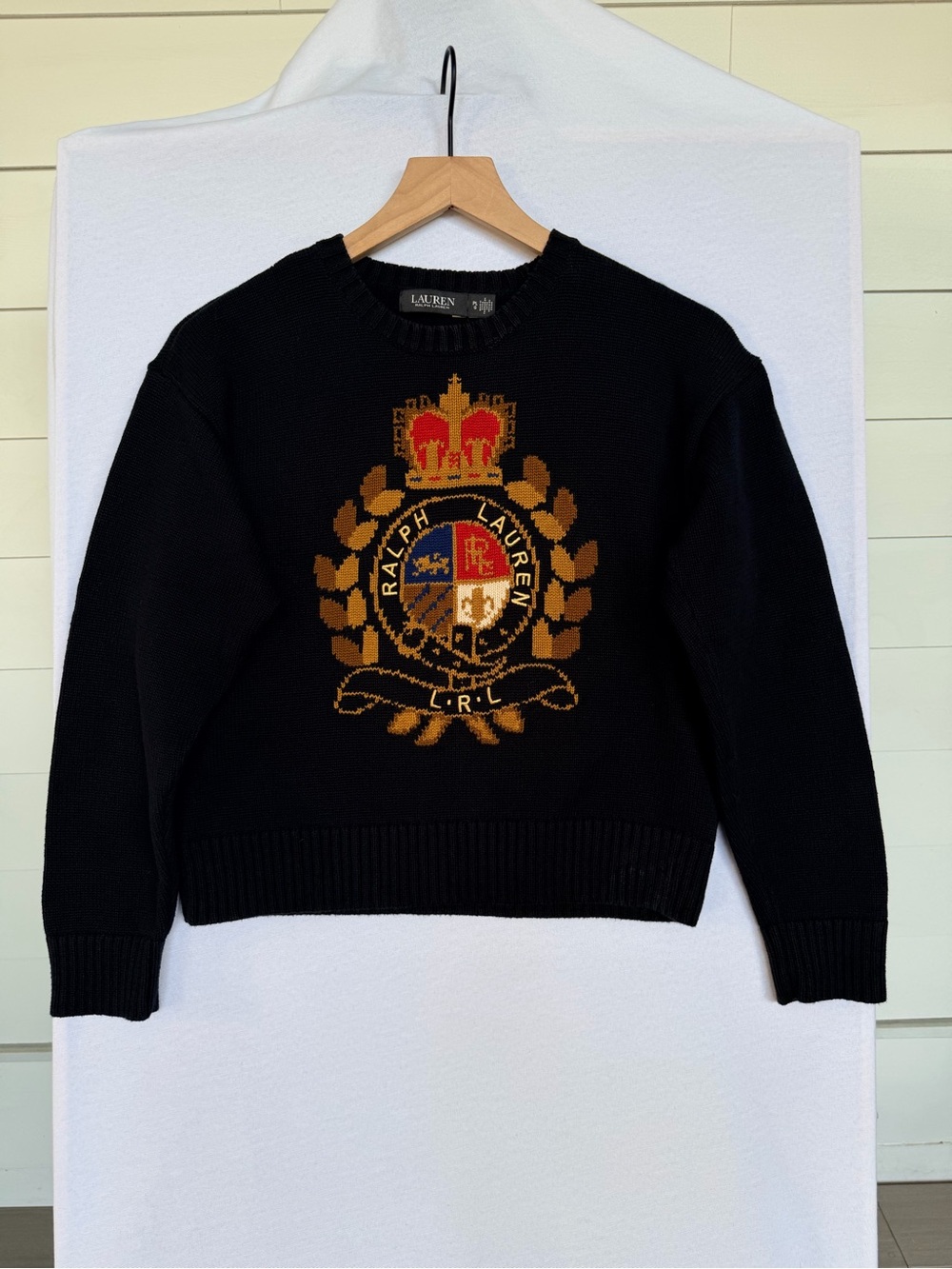 Lauren Ralph Lauren Crest Intarsia Sweater Black Preppy Old Money Petite Large